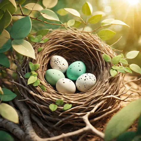 Nests，Bird eggs，Green leaves and branches，clay material, Cartoon design style,  soft sunshine, smooth lines, tilt shift lens, Detailed magic illustrations, surreal details, warm color
