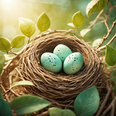 Nests，Bird eggs，Green leaves and branches，clay material, Cartoon design style,  soft sunshine, smooth lines, tilt shift lens, Detailed magic illustrations, surreal details, warm color
