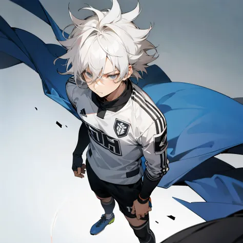 1male , Messy Hair , White Hair , Young Male , Soccer Jersey , Long Sleeves , Soccer Gloves , Grey Eyes , Muscular , Standing on soccer field , Serious Expression 