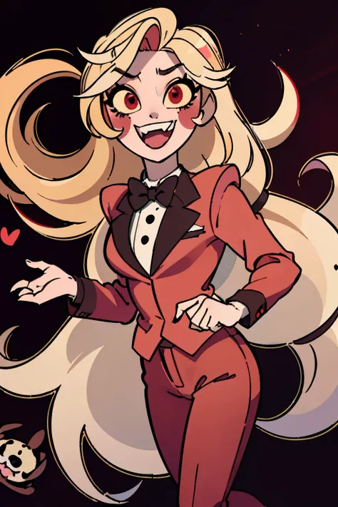 (masterpiece, best quality:1.2), cowboy shot, solo, 1girl, charlie morningstar, :d, looking at viewer, long hair, red suit, red pants, red eyes, black bow tie, black shoes, fang tooth, blonde hair, hotel room, puppy dog face