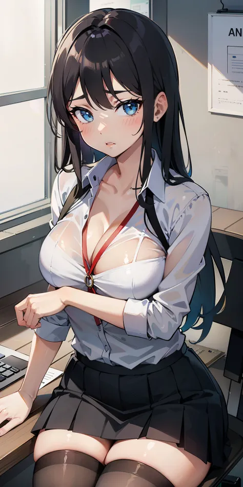 1girl, solo, ((white shirt)), black thighhighs, breasts, cleavage, uniform, office background, black skirt, pleated skirt, office,large breasts, looking at viewer, BLUE SEA HAIR, solo, thighhighs, thighs, very long hair, ((masterpiece)), sitting, chair, de...