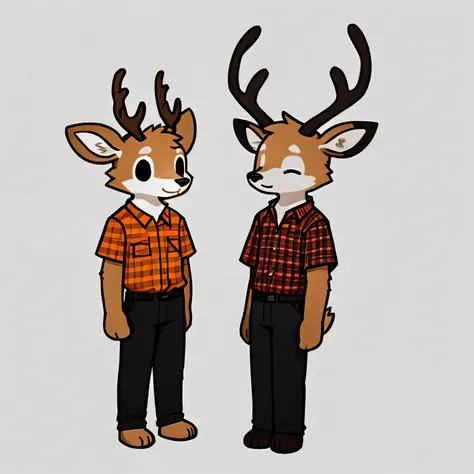 orange and white deer illustration、soft fluffy fur、male people、Black eyes、Physical Normality、age19、Heavy eyes、Illustration of only the upper body from the waist、doodle, white background, medium sized deer tail, fluffy big white neck fluff, , paws, standing...