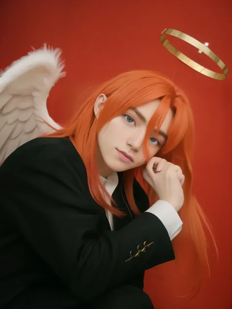 there is a man with red hair and angel wings on his head, young wone angel, Ayaka Cosplay, Estilo anime mezclado con Fujifilm, retrato de jossi de blackpink, Anime boy Cosplay, junko enoshima, Sakura de Cardcaptor Sakura, Bass Angel, Usando Angel Halo, Ani...