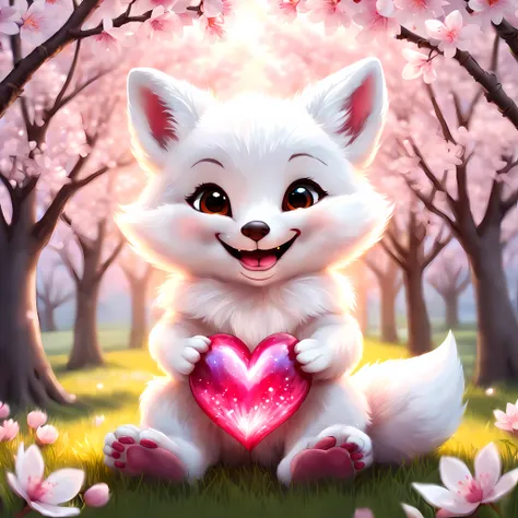 (cute cartoon style), ((symmetrical close up front view of an adorable)) white fox cub gracefully sitting on a soft grass and ge...