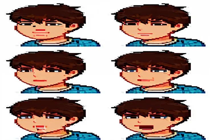 a set of six pixel faces of a boy with different expressions, spritesheet, visual novel sprite, 2 d sprite, sprite sheet, face variations, set of high quality hd sprites, 2 d sprites, varguyart style, highly_detailed_face!!!, corrected faces, :9 detailed f...