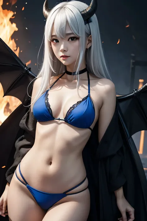 Female Devil、bat wings、break、black horns、british、silver hair、break、blue bikini、The background is darkness and fire