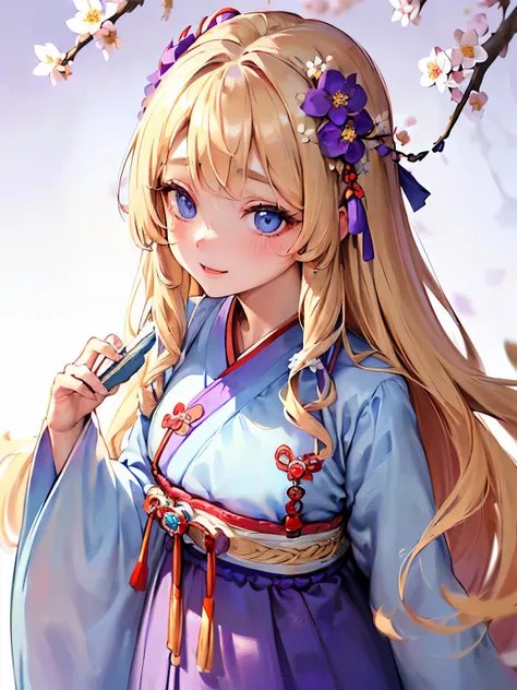 ((blonde:1.2)),(long hair with curls:1.3),(blue eyes:1.4),(Eye size:1.5),(tradition of Hanbok accessories:1.3),((Traditional costume of Hanbok fashion:1.4)),(Background full of blooming flowers:1.5),(blush),(upward glance:1.3),(small breasts:1.4),(focus on...