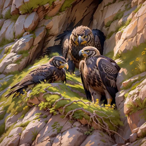 Woven hay and mud nests located on steep cliff faces, Golden eagle cubs in the nest，eating，Ultra-detailed，lifelike：1.37，Bright colors，soft light