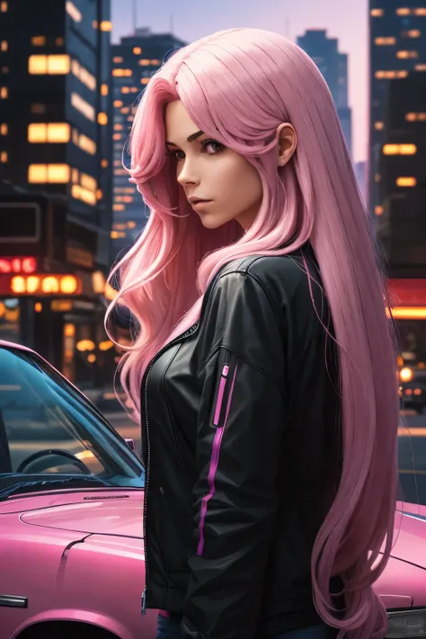 a woman with long pink hair on one side of reverse wave. city, 1969 nissan s30, wide-body kit, road, purple neon, sun, close-up
...