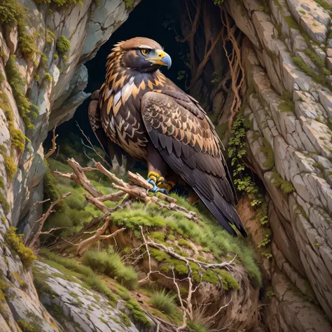 Woven hay and mud nests located on steep cliff faces, Golden eagle cubs in the nest，eating，Ultra-detailed，lifelike：1.37，Bright colors，soft light