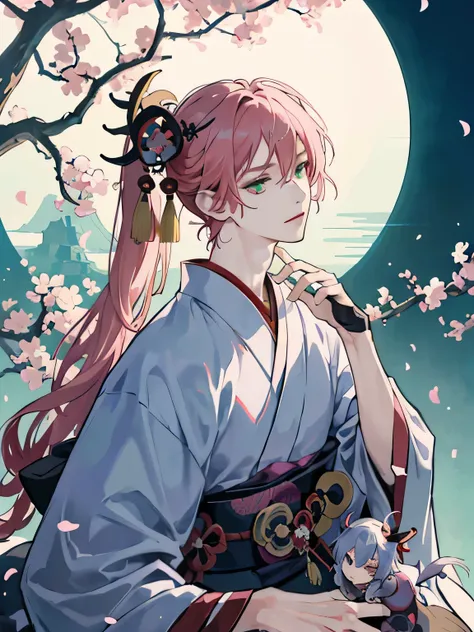 anime male in a traditional japanese outfit standing in front of a big sakura tree, hakama, onmyoji, youkai, green eyes, kimura asagi, ((wearing long aristocrat robe)), rom arknights, sasoura, best anime 4k konachan wallpaper, onmyoji portrait, long pink h...