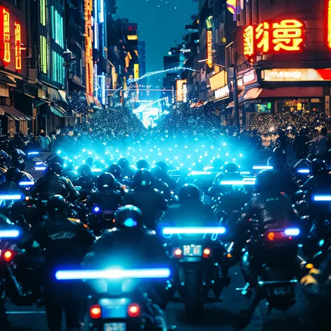 highest quality, Flowing energy、A large number of motorcycle gangs riding many bikes、fill the city area、dynamic pose 、glowing text, transparent text, Energy particles, energy fluid, daytime, Blue Energy, light particle effect、illustration effect
