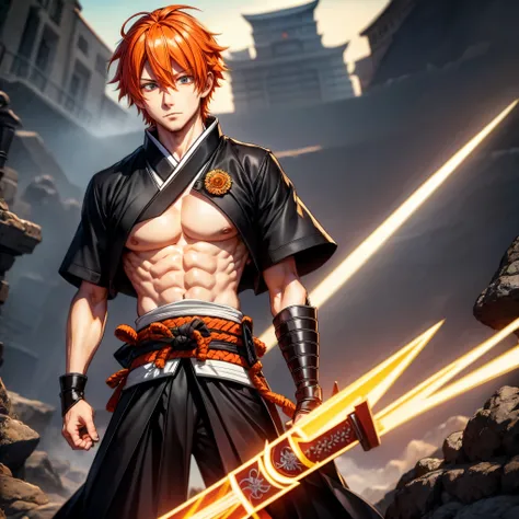 ichigo-kuroski character ((male)) , orange hair ichigo bleach style , one (( samurai)) bankai sword, black eyes , (( cute )) , o...