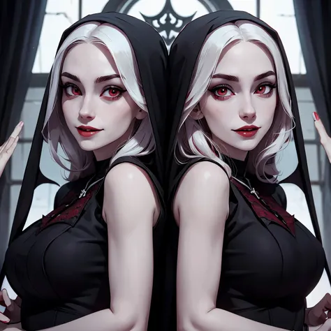 Vampire nun, identical twins, pale skin, red eyes, one smiling and the other not.