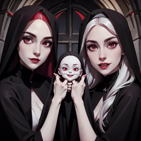 Vampire nun, identical twins, pale skin, red eyes, one smiling and the other not.