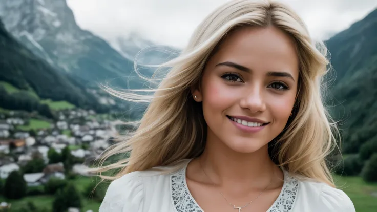 high angle of 1 Latina woman, with light blonde hair, The background is the village of Grindelwald, Switzerland, smile a little, natural skin texture, 24mm, 4k textures, soft cinematic light, RAW photo, photorealism, photorealistic, intricate, elegant, hig...