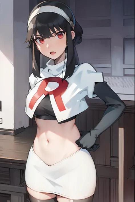 yor, 1girl, black hair, red eyes, black hair, short hair, short hair with long locks, bangs, sidelocks, white hairband,team rocket,team rocket uniform, red letter R, white skirt,white crop top,black thigh-highs,black elbow gloves,
