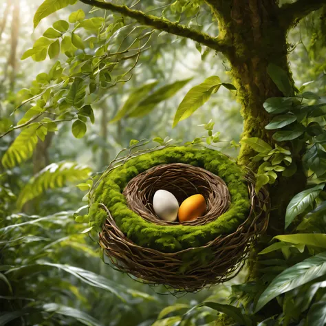 tree nest,In dense tropical forests,Bright colors of nature,Delicate and intricate weave,best quality,Super detailed,Fine craftsmanship,soft feather,sparkling in the sun,branches and leaves intertwined,Natural and organic,exquisite masterpiece,Beautifully ...