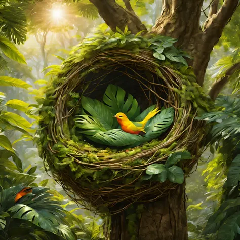 tree nest,In dense tropical forests,Bright colors of nature,Delicate and intricate weave,best quality,Super detailed,Fine craftsmanship,soft feather,sparkling in the sun,branches and leaves intertwined,Natural and organic,exquisite masterpiece,Beautifully ...