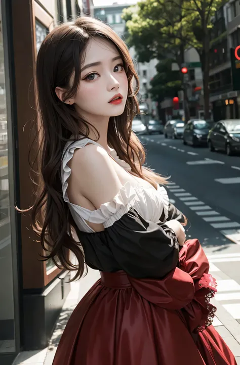 red and green、Analog 150mm Renault Tiful Natural Soft Rim Light、long wave hair、Slutty,colorful details、Surrealism、Rococo、terrible、Eliza Ikeda