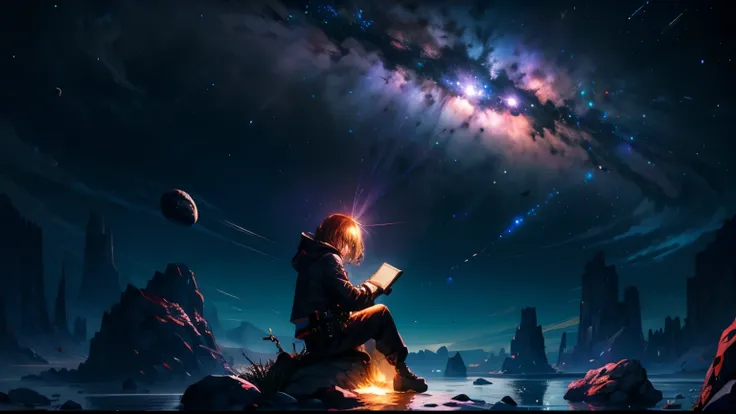 Desenhe uma jovem programadora, sitting on a research platform floating in the middle of an asteroid belt.Shes studying with a notebook, surrounded by several asteroids glowing with fiery auras QUEBRAR Dramatic lighting from distant stars and planets illum...