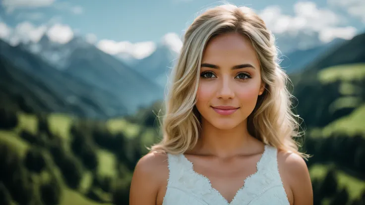 high angle of a Latina woman, with light blonde hair, The background is the Swiss Alps, smile a little, natural skin texture, 24mm, 4k textures, soft cinematic light, RAW photo, photorealism, photorealistic, intricate, elegant, highly detailed, sharp focus...