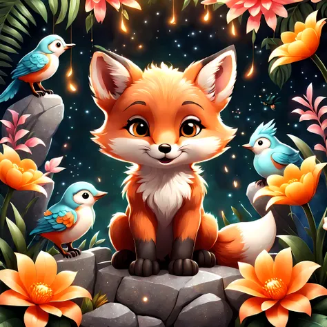 (Cute cartoon style), ((symmetrical close up front view of an adorable)) fox cub positioned on a rock and surrounded by large magical glowing ((flowers)) and little tropical birds, enchanting forest in the breathtaking night, shimmer. | ((More_Detail))