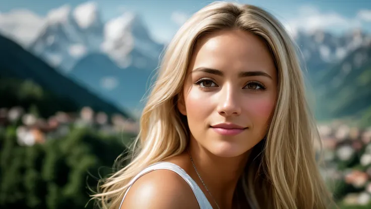 high angle of a Latina woman, with light blonde hair, The background is the Swiss Alps, a little village in Switzerland, smile a little, natural skin texture, 24mm, 4k textures, soft cinematic light, RAW photo, photorealism, photorealistic, intricate, eleg...