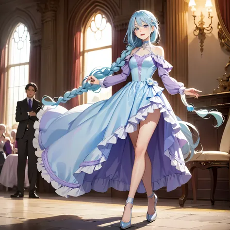 Young woman, excited, long hair, knee legnth hair, very light blue hair, thick braid, broad shoulders, lavender eyes, pale skin, (flat chested), light pale purple dress, ballgown, full body, castle ballroom, warm lighting