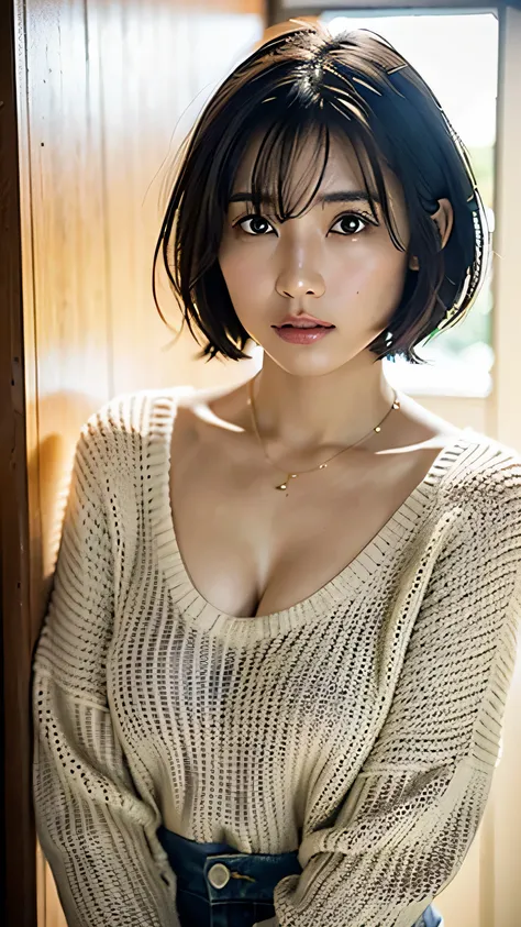 (best quality, 8k, 32k, masterpiece, ultra high definition:1.2),Japanese beauty photos, big breasts, Very short Bob hair,Upper body,(King size_sweater,:1.1) necklace, simple background, Look around the corner