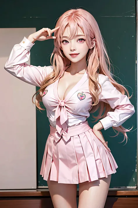 (masterpiece,  best quality,  Super detailed),  (illustration),  (Beautiful and delicate eyes),  Beichuan Ma Lin,   (pink eyes:1.5), blonde hair,  long hair,  gradient hair,split,  school classroom_background,school classroom,  Uniforms,  White shirt,  lon...