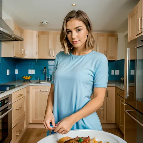 Modelo de glamour escandinavo de 30 anos, olhos detalhados, eyelash, testa, cabelo longo, cabelo loiro, preparando um jantar elegante em uma cozinha gourmet com detalhes em azul. Ela veste um avental sofisticado sobre um vestido casual, surrounded by moder...