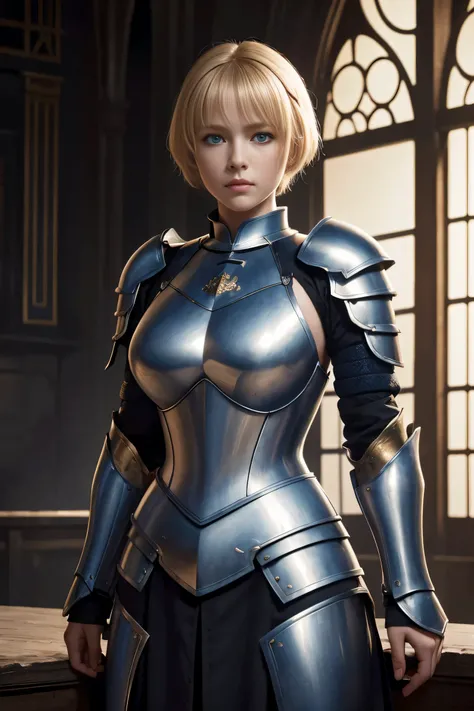 8K,超A high resolution,((Top image quality)), ((​masterpiece)), (high-detail:1.3), Joan of Arc,Blue eyes,Blonde shorthair,Woman in Black Armor、large full breasts,Meticulous in the details of the decoration of the chest armor、Scenes of armor damage during th...