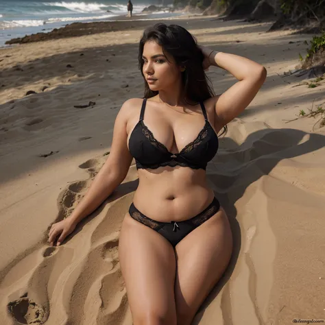 realistic mexican woman with curvy latin body wearing a lingerie on the beach, and making a sexy pose