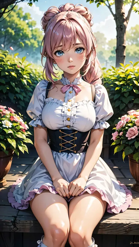 (best quality,4K,8k,high resolution,masterpiece:1.2),Super detailed,(actual,photoactual,photo-actual:1.37),cute anime girl,big bright eyes,red face,playful expression,Long pale hair,Two buns,Pink bow,cute clothes,frilly dress,Big puff sleeves,fancy ribbon,...