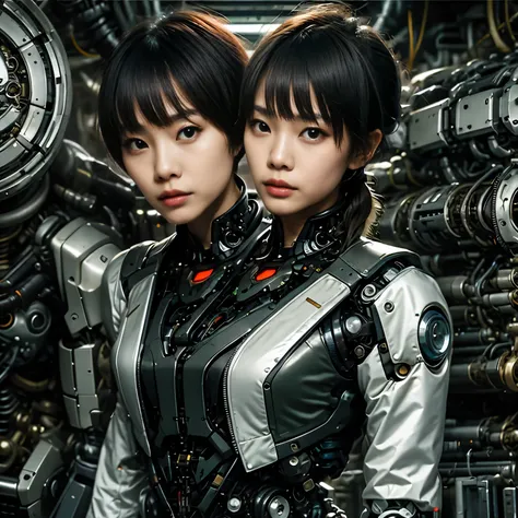 best resolution, 2heads, asian cyborg woman with two heads, pixie cut, ponytail, blonde hair, robot jacket, mechanical backgroun...