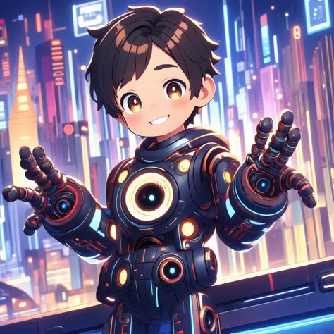 ((masterpiece, best quality)),(complex light),solo,solo focus,1boy robot boy, ,black hair, brown eyes,smiling, waving, futuristic city
