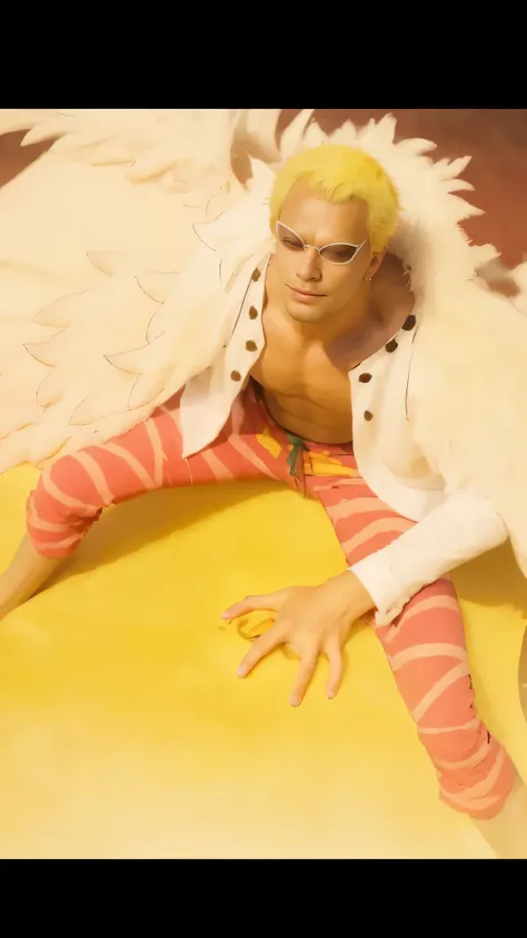 (masterpiece), (realistic), (ultra detailed), ( high reest quality), (photorealistic), (perfect face), (perfect anatomy), man, male, solo, (((40 years old))), donquixote doflaminho from one piece, donquixote doflamingo, one piece, yellow hair