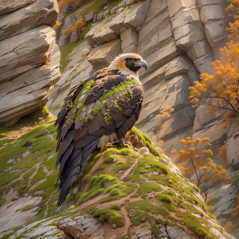 Woven hay and mud nests located on steep cliff faces, Golden eagle cubs in the nest，eating，Ultra-detailed，lifelike：1.37，Bright colors，soft light