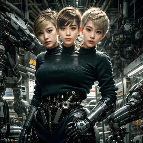 best resolution, 2heads, asian cyborg woman with two heads, pixie cut, ponytail, blonde hair, robot jacket, mechanical backgroun...