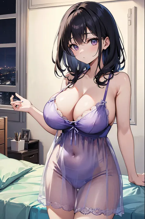 black haired、huge tit、masterpiece、High level image quality、Official Images、I、Bedroom、Night view from the window、purple lingeries