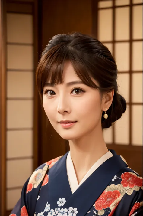 (a beauty lady, delicate lady:1.3), (50 years old), (japanese traditional kimono, brown color:1.3), very fine eye definition, (s...