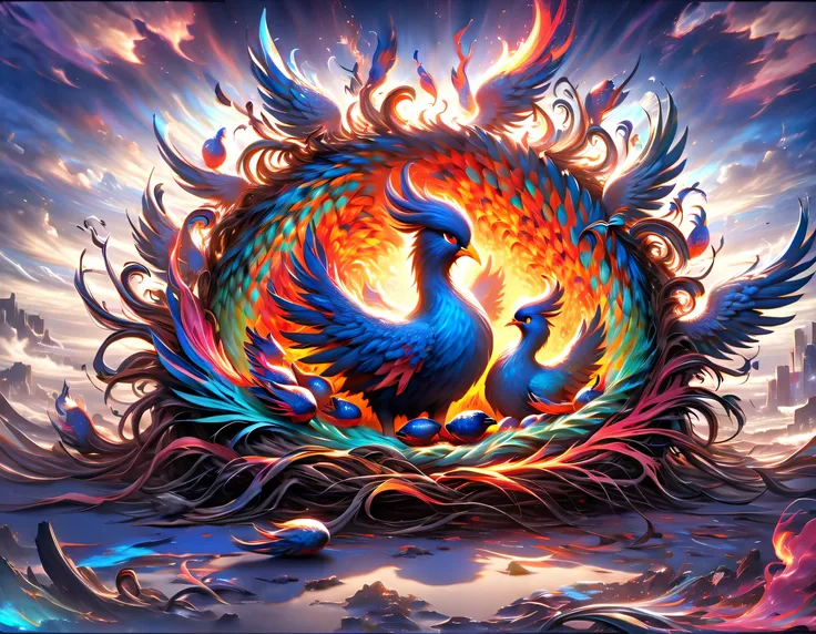 Captivating vividness and soft touch texture, bird&#39;s nest gives inspiration, Phoenix with intricate details, Phoenix nest drawn from dynamic illustrations, cinematic angle, An explosion of bright colors and swirly patterns, Reminiscent of a psychedelic...