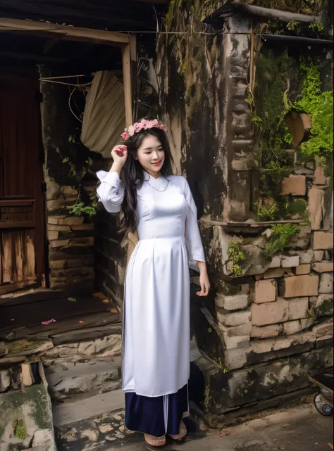 1girl, aodai red, photo art, (flower:1.2),a stunning photo with beautiful saturation, ultra high res,(realistic:1.4)),deep shadow,(best quality, masterpiece), pale skin, dimly lit, shade, flustered, blush, highly detailed, skinny, BREAK depth of field, fil...