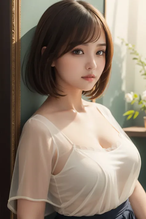 table top, highest quality, Photoreal, finely, High resolution, 8K Painting Wall, perfect dynamic composition, beautiful and fine eyes,  Slightly chubby woman, ((Sheer camisole)), beaver, straight hair, (look at the audience)