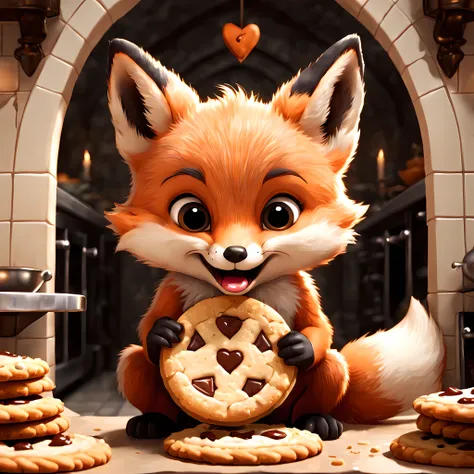 (Cute cartoon style), ((symmetrical close up front view of an adorable)) fox cub happily ((eating)) a giant cookie, inside a gothic kitchen. | ((More_Detail))