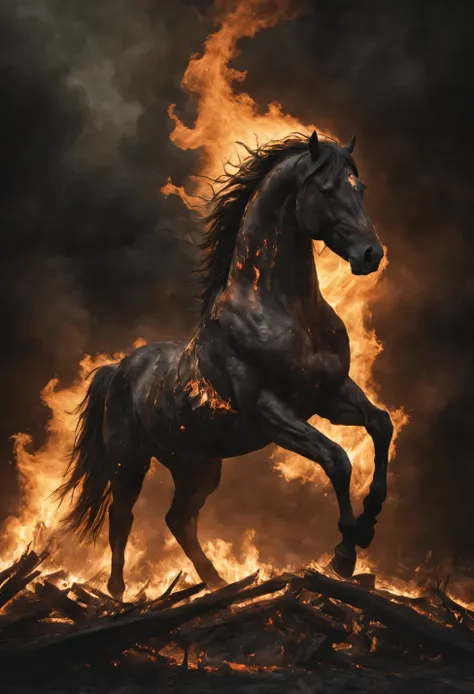 letty boone, real, charred and burning horse, desolate, dark, normal, global illumination,