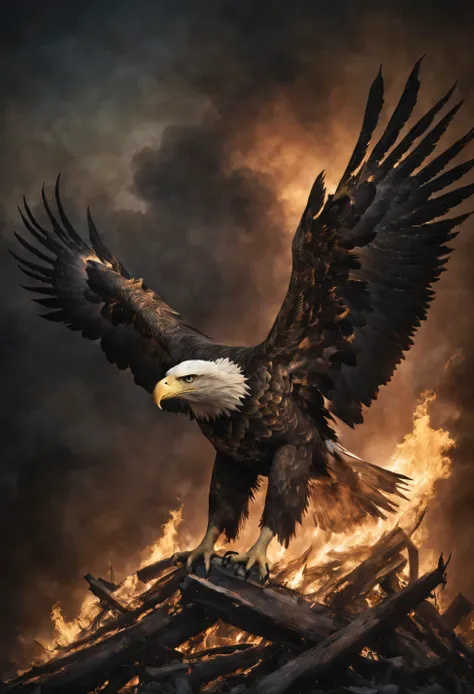 letty boone, real, charred and burning eagle, desolate, dark, normal, global illumination,fly in the sky