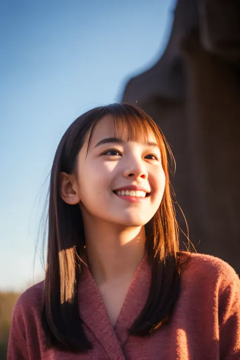 1 slender girl, bangs, smiling, with staff, cinematic lighting, (8k, masterpiece, top quality, raw photo), action, A little acne and a few moles, looking up at the sky