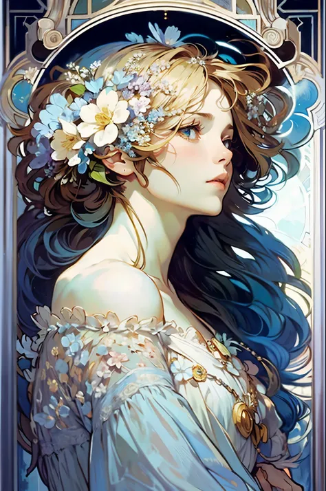 blue tone:1.5,(masterpiece,best quality),(beautiful background:1.2),looking down,bowing head,
Alphonse Mucha, 
(solo:1.2),a woman,hair with flowers,bare shoulder,small face:1.5,
Chubby,flower,